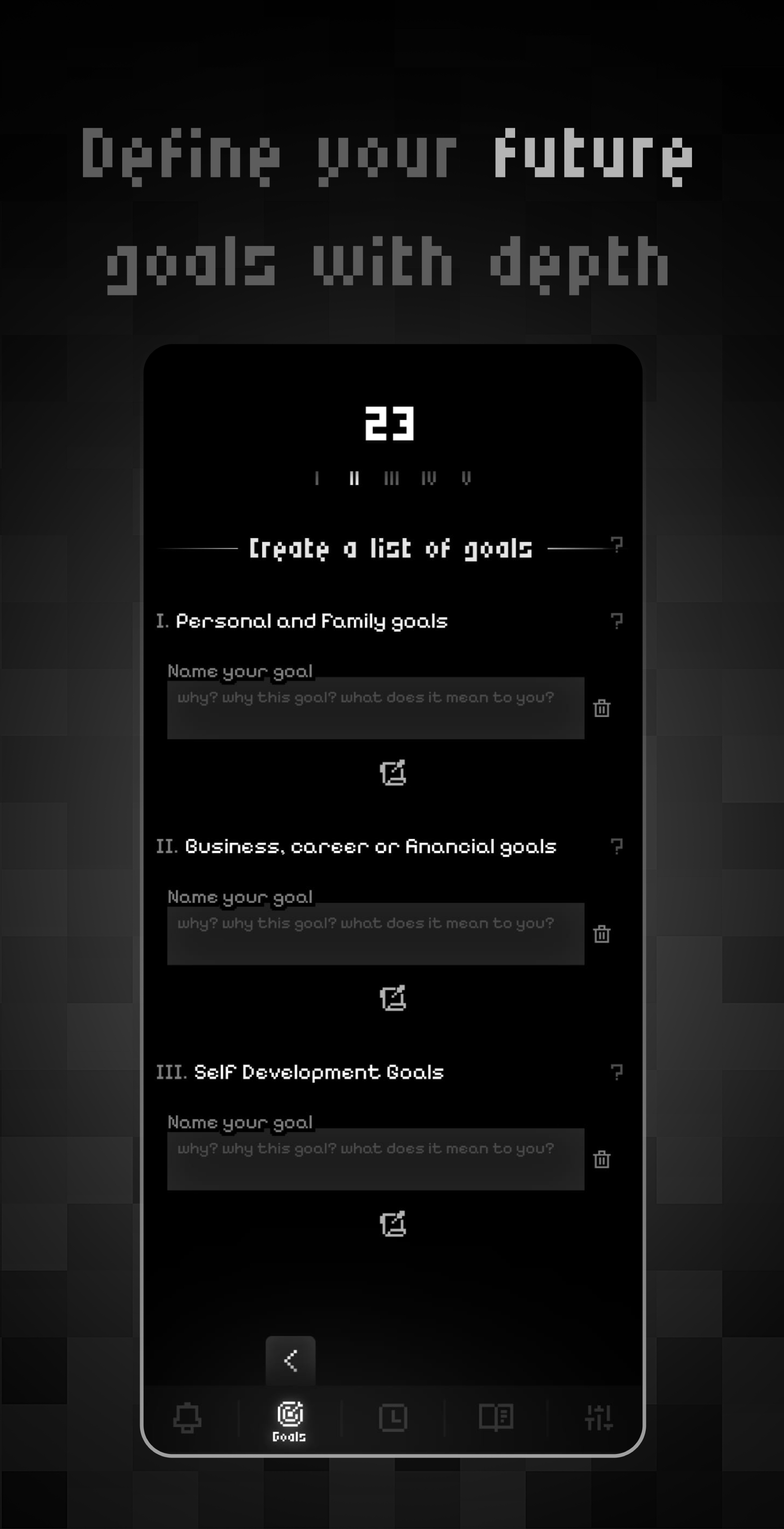 TimeRespect goals app – goal list with personal, business and self-development categories